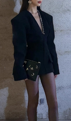Gyan Black Power Shoulder Mini Blazer Dress with Edgy Stud Detail