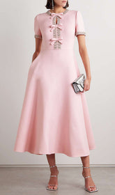 Chic Pink Bow & Crystal Embellished Midi Dress