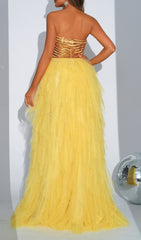Dilana Yellow Sequin & Tulle Strapless Maxi Dress