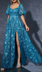 Stunning Dione Blue Floral Lace Maxi Dress with Puff Sleeves & Slit
