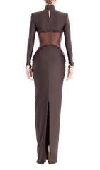 Gravity Coffee Sculpted Corset Long Sleeve Maxi Dress