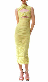 Beverly Yellow Floral Cutout Ruched Midi Dress