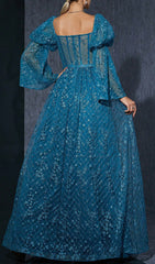 Dita Blue Corset Floral Embroidered Maxi Gown with Dramatic Puff Sleeves