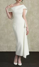 Gale White One-Shoulder Draped Midi Dress