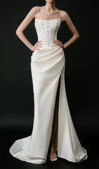 Caetana Glamour White Satin Strapless Corset Maxi Gown with Thigh-High Slit