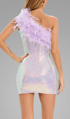 Dazzling Purple Sequin Feather One-Shoulder Mini Dress