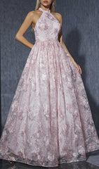 Dolores Elegant Pink Halter Embroidered Maxi Gown