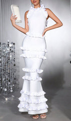 Haina White Halter Ruffle Bandage Maxi Dress