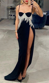 Showstopping Black Rhinestone Fringe Slit Maxi Gown