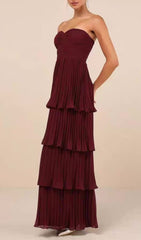 Ensio Wine Strapless Tiered Pleated Maxi Dress