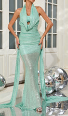 Camacho Draped Halter Sequin Backless Maxi Dress