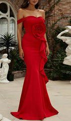 Stunning Red Off-Shoulder Floral Ruffle Mermaid Maxi Gown