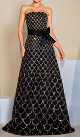 Cammy Black & Gold Scallop Sequin Strapless Maxi Gown