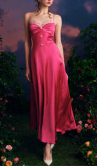 Ehawee Enchanting Rose Red Satin Maxi Dress with Delicate Floral Embroidery
