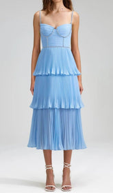 Sparkling Rhinestone Tiered Pleated Midi Dress