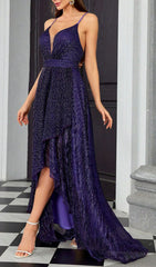 Halle Glamorous Purple Sparkle High-Low Maxi Dress