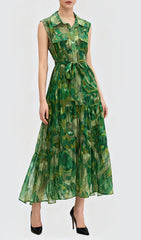 Jaap Vibrant Green Abstract Print Sleeveless Midi Dress