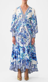 Jalie Elegant Blue Floral Porcelain Print Long Sleeve Maxi Dress
