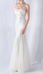 Choire White Sequin Feather Mermaid Maxi Gown
