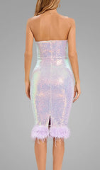 Glamorous Iridescent Purple Sequin Feather Strapless Midi Dress