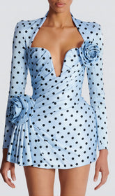 Sky Blue Polka Dot Plunge Mini Dress with Statement Rosettes