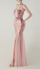 Ikuye Rose Gold Sequin Strapless Mermaid Gown