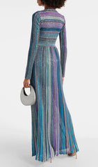 Hazen Glamorous Shimmer Stripe V-Neck Long Sleeve Maxi Dress