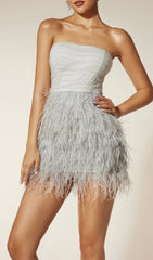 Frimara Strapless Feather Fringe Mini Dress