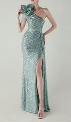 Ikia Emerald Sparkle One-Shoulder Sequin Maxi Dress with High Slit