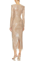 Alicia Beige Flower Sequined Maxi Dress
