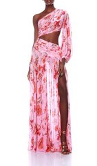 Chic Poppy Print One-Shoulder Cut-Out Maxi Gown with Slit