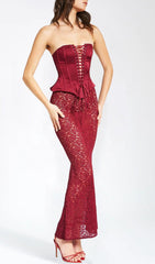 Aponi Burgundy Luxe Corset & Lace Maxi Dress