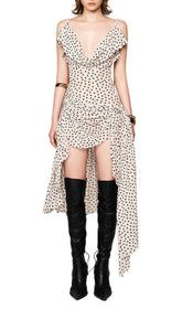 Chic Polka Dot Asymmetrical Ruffle Midi Dress