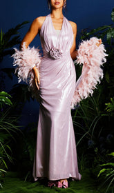 Lahela Glamour Shimmer Halter Maxi Dress with 3D Flower & Feather Shrug
