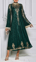 Crispina Emerald Green Sequin & Gold Embellished Long Sleeve Midi Dress