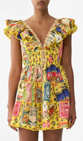 Gelsey Vibrant Yellow Patchwork Print V-Neck Ruffle Mini Dress