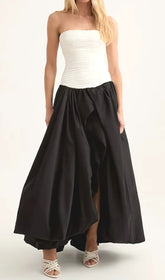 Elegant Strapless Ruched Black & White Colorblock Maxi Dress