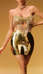 Osorio Liquid Gold Metallic Mini Dress with Dazzling Rhinestone Fringe