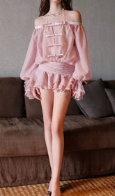 Darragh Elegant Blush Off-Shoulder Ruffle Skort Romper