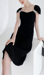 Elegant Black Pearl-Embellished Midi Dress
