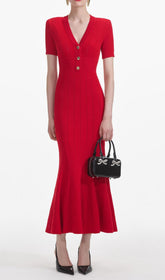 Chic & Flattering Red Pointelle Knit Midi Dress