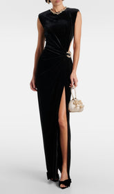 Glamorous Black Velvet Maxi Dress with Crystal Chain & Cutout Detail