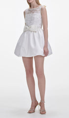 Chic White Beaded Lace & Bow Mini Dress