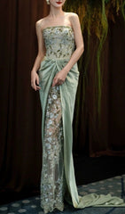 Ellianna Luxe Sage Green Floral Embroidered Strapless Maxi Dress