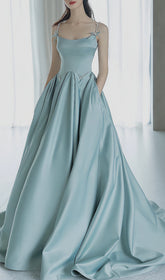 Elliette Enchanting Serene Blue Beaded Strappy Maxi Dress with Pockets