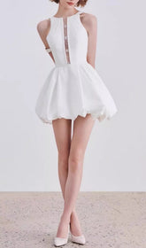Emilie White Halter Neck Bubble Hem Mini Dress with Sheer Detail
