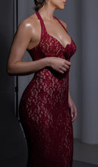 Bedelia Wine Red Halter Lace Mermaid Maxi Gown