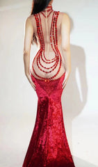 Shelyn Dazzling Red Rhinestone Velvet Mermaid Maxi Gown