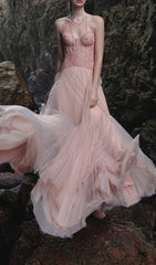 Finja Ethereal Blush Pink Strapless Corset Mesh Maxi Gown
