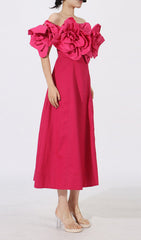 Eirian Statement Fuchsia 3D Floral Off-Shoulder Midi Dress